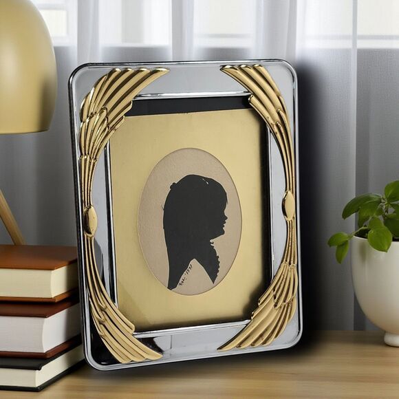 Vintage MCM Silver Gold Picture Frame 5x7 Hollywood Regency 1970s + Silhouette - Picture 2 of 10